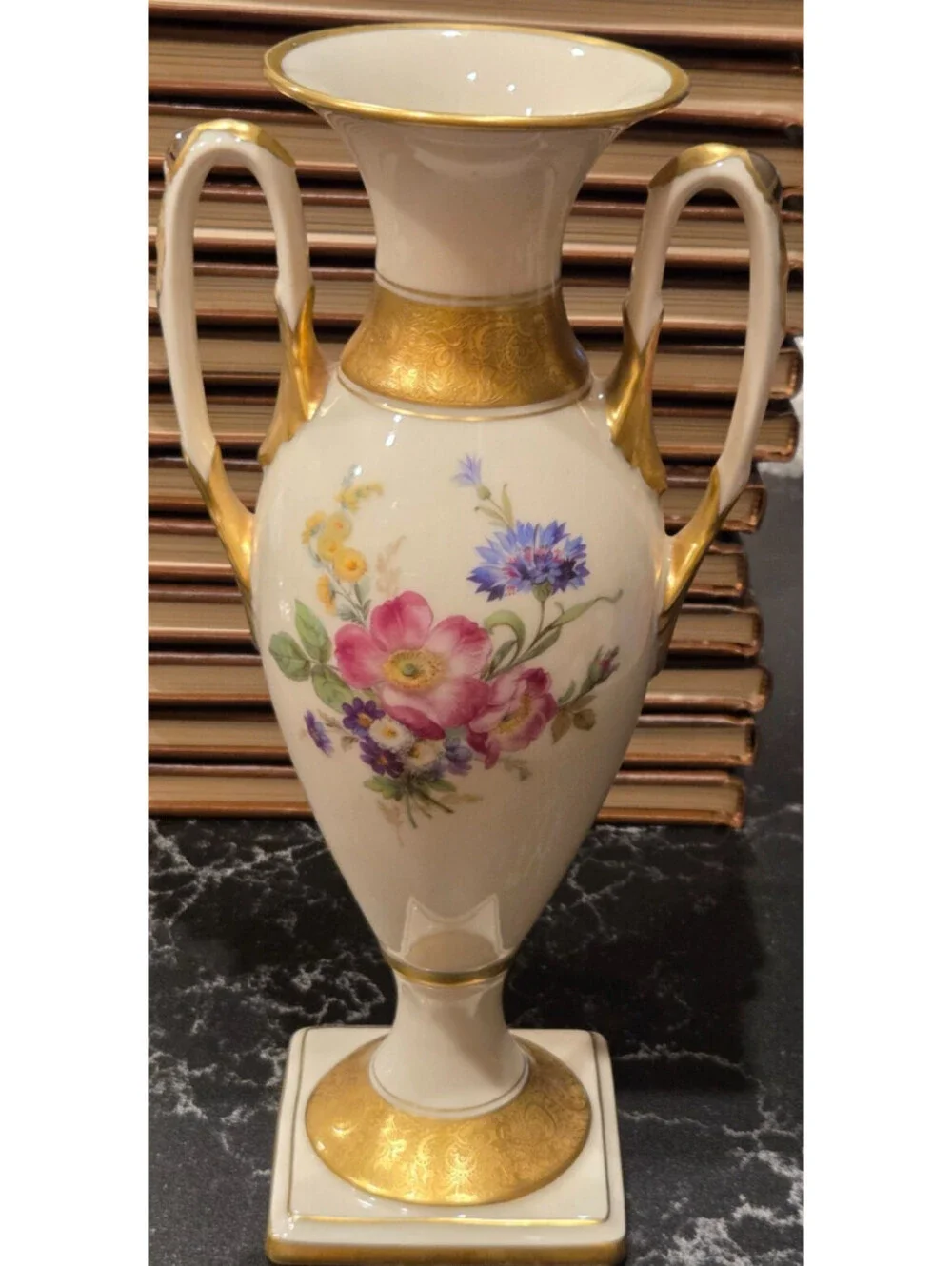 Vintage Lindner Kueps Bavaria Floral Porcelain Amphora Vase Gold Swan Handles